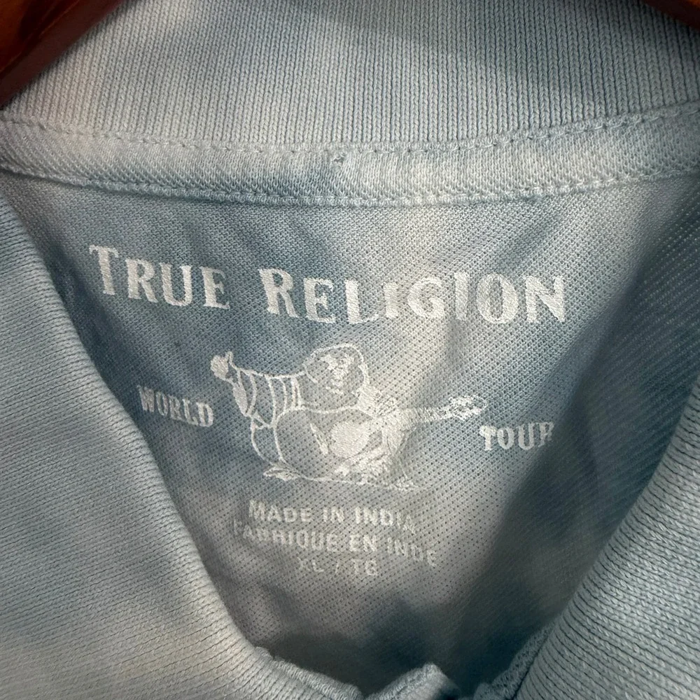 NWT True Religion Men's XL Blue Tie-Dye Polo Shirt Ocean Waves Horseshoe Logo